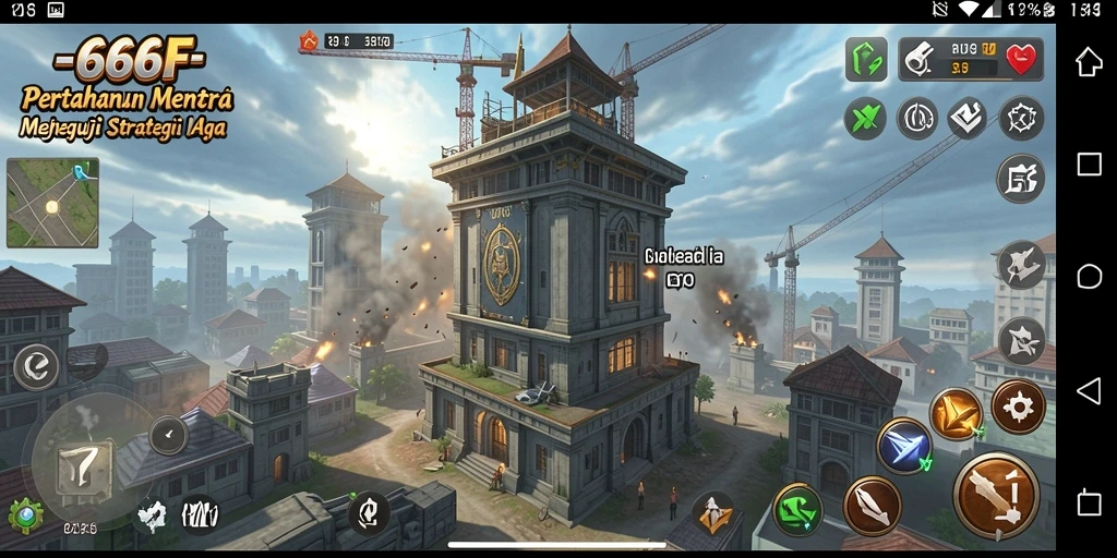 Screenshot menunjukkan gameplay mendebarkan dalam 666F, dengan menara dan musuh yang berinteraksi.