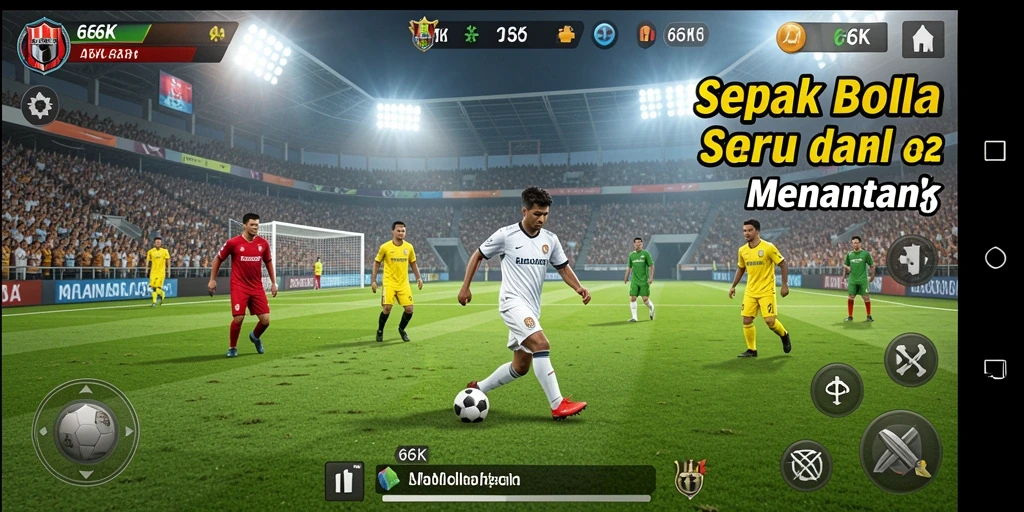 Screenshot gameplay 66K menampilkan aksi seru di lapangan sepak bola.