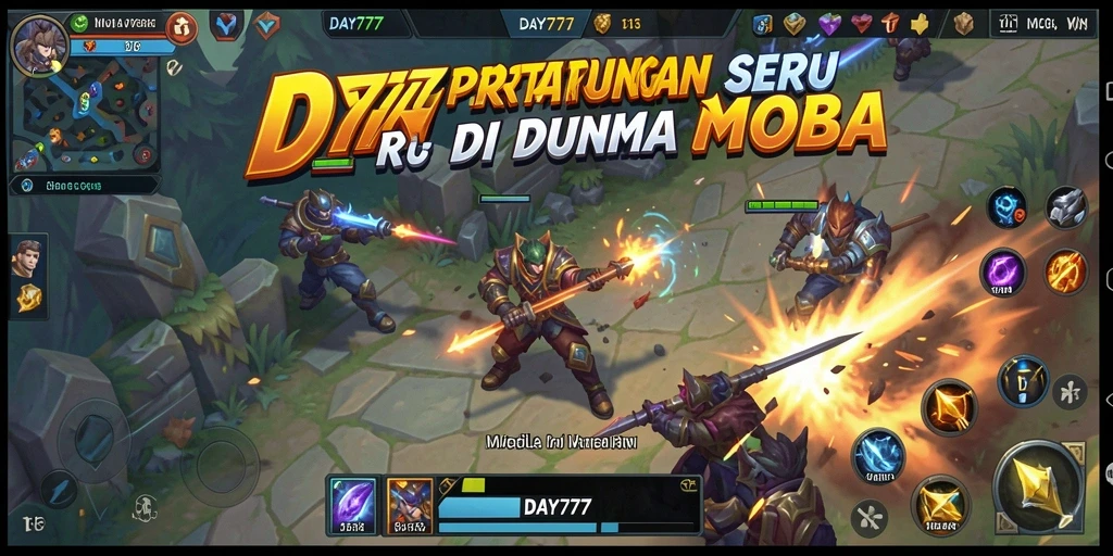 Screenshot utama DAY777 menampilkan aksi gameplay MOBA yang seru.
