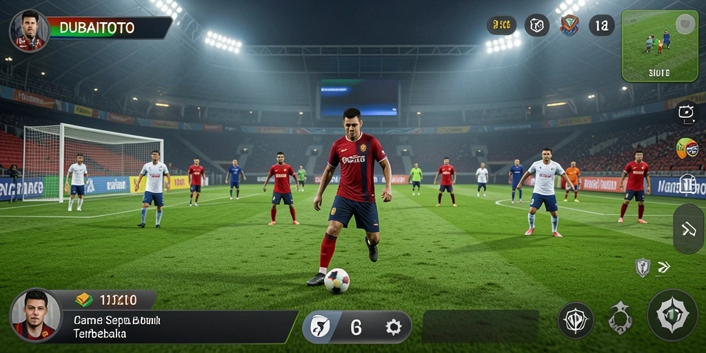 Tampilan gameplay DUBAITOTO dengan aksi sepak bola yang intens.