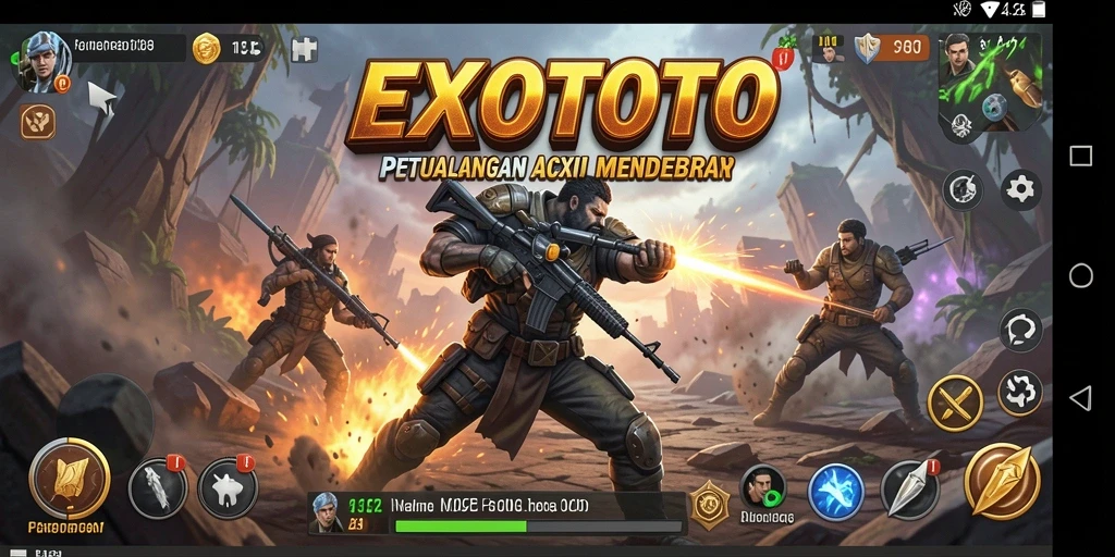 Screenshot gameplay yang menunjukkan tindakan pertempuran mendebarkan dalam EXOTOTO.