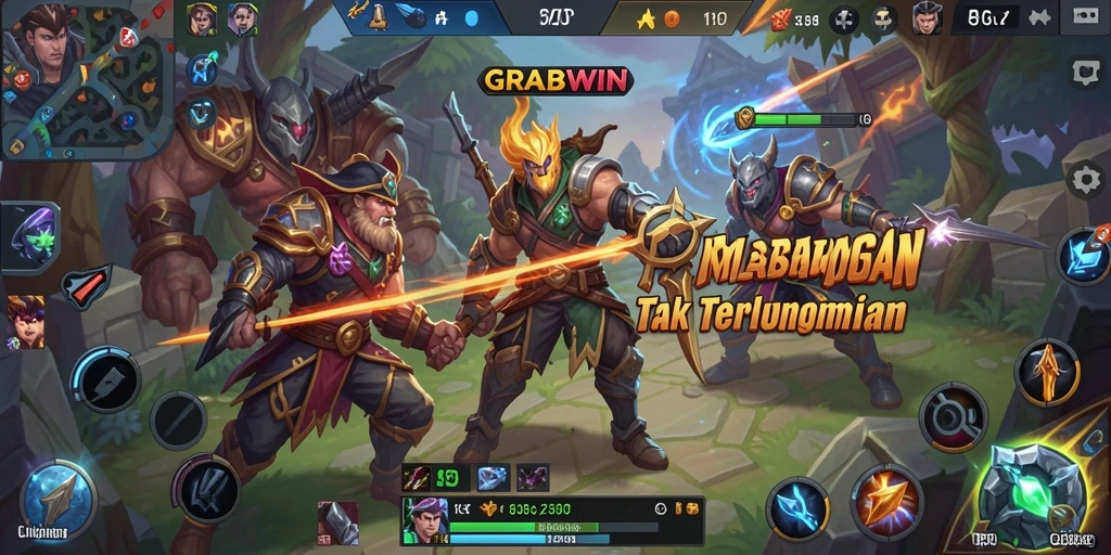 Tampilan gameplay GRABWIN yang menegangkan dan penuh aksi di arena MOBA.