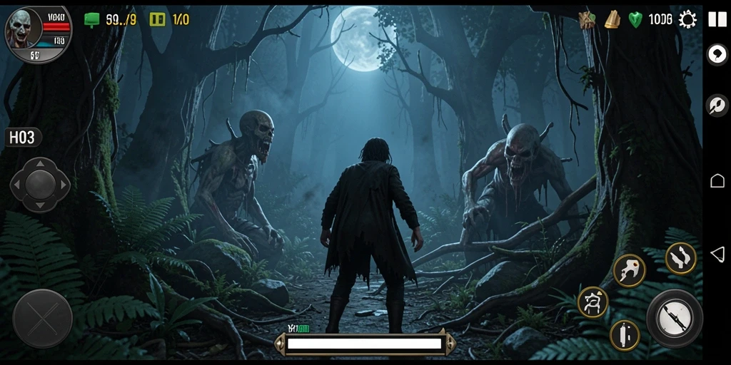 Tangkapan layar gameplay dari H03 yang mendebarkan dalam suasana horror.