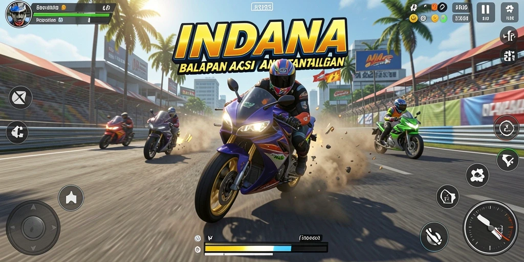 Tampilan gameplay balapan motor yang seru dan menegangkan di INDAAA.