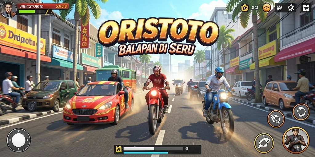 Tampilan gameplay balapan seru di ORISTOTO dengan mobil yang melaju cepat.