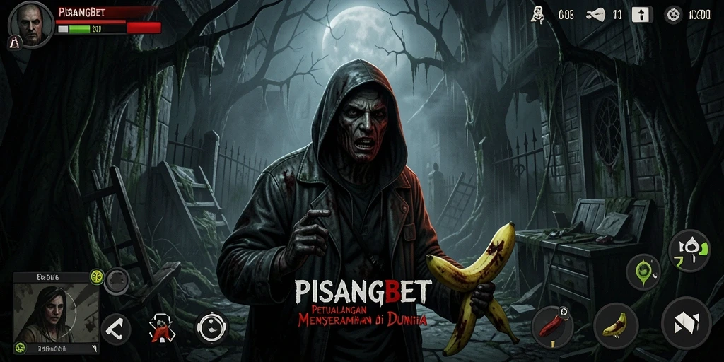 Tampilkan gameplay menegangkan PISANGBET dengan suasana horror yang mencekam.