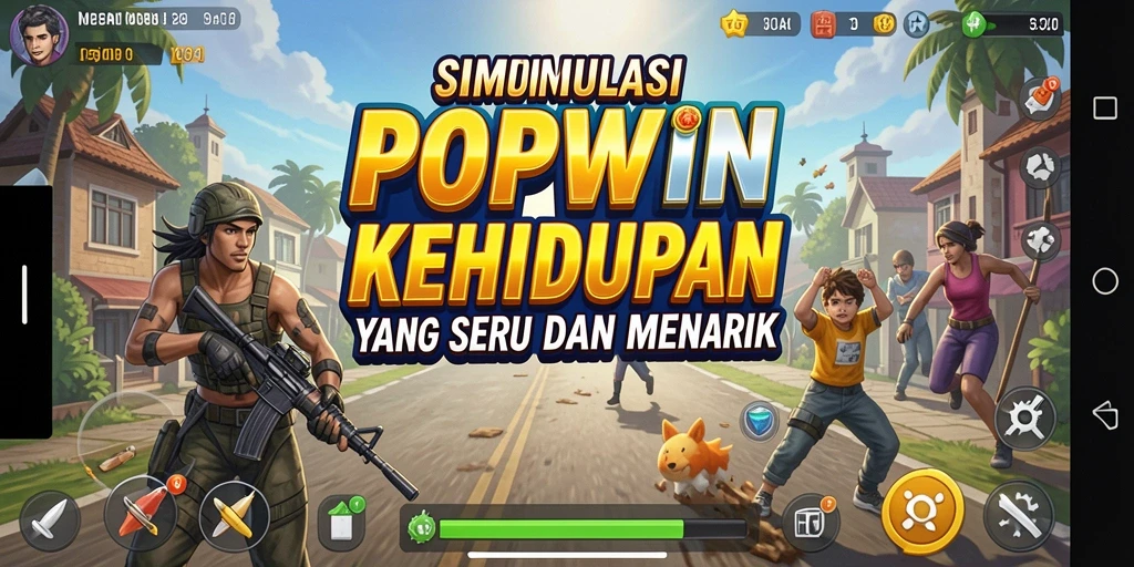 Screenshot gameplay POPWIN menunjukkan simulasi kehidupan yang interaktif.