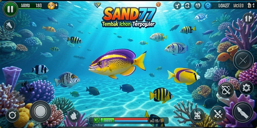 Screenshot gameplay SAND77 menembak ikan yang berwarna-warni.