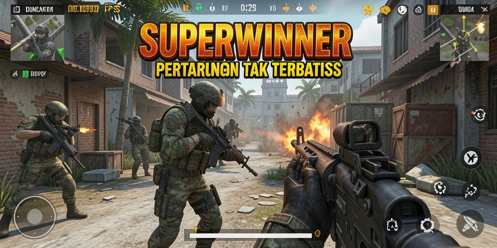 Tampilan gameplay SUPERWINNER dengan aksi tembak-menembak yang intens.