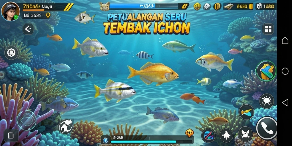 Screenshot gameplay ZK3 yang menampilkan aksi menembak ikan.